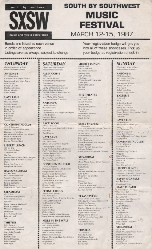 1987 SXSW Music Festival Schedule