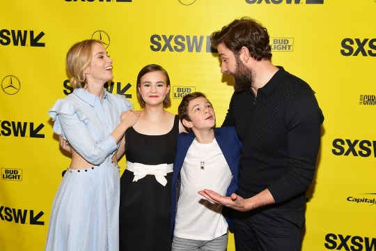 AUSTIN, TX - MARCH 09: Emily Blunt, Millicent Simmonds, Noah Jupe, and John Krasinski attend the "A Quiet Place" Premiere 2018 SXSW Conference and Festivals at Paramount Theatre on March 9, 2018 in Austin, Texas. (Photo by Matt Winkelmeyer/Getty Images for SXSW) *** Local Caption *** Emily Blunt; Millicent Simmonds; Noah Jupe; and John Krasinski