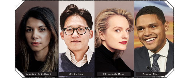 Speaker photos (l-r): Jessica Brillhart, Chris Lee, Elisabeth Moss, and Trevor Noah