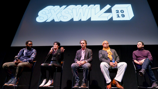 (L-R) Baron Vaughn, Jennifer Lee Pryor, Jesse James Miller, Greg Tate, and Scott Saul speak onstage at 
