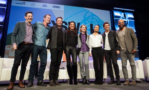 Westworld cast and showrunners with Elon Musk. L-R: Jason Tanz, Jonathan Nolan, Musk, Lisa Joy, Evan Rachel Wood, Thandie Newton, James Marsden, Jeffrey Wright. Photo by Samantha Burkardt