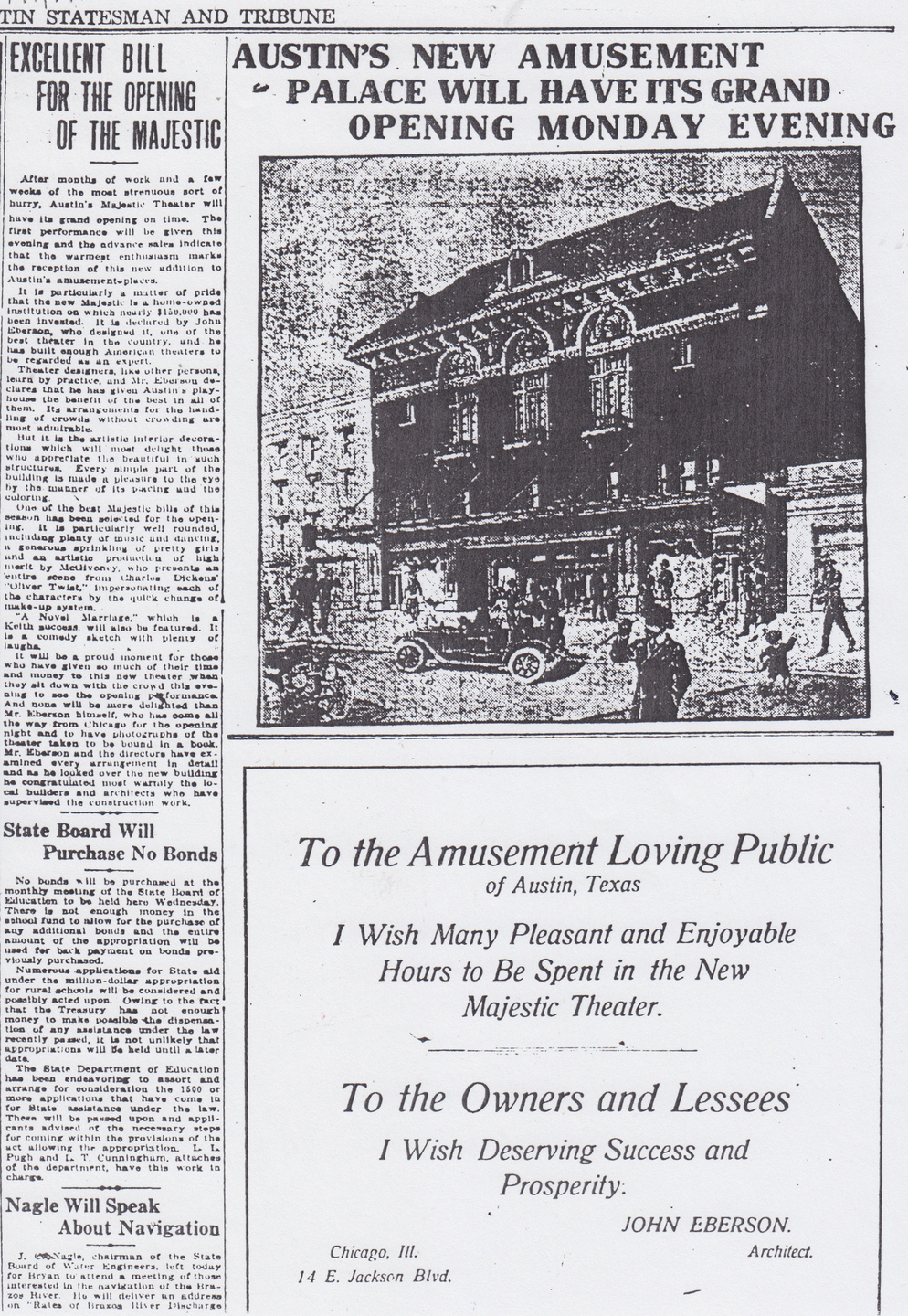 1915 Austin Statesman and Tribune article on Opening of the Majestic – Photo courtesy of the Austin Theatre Alliance