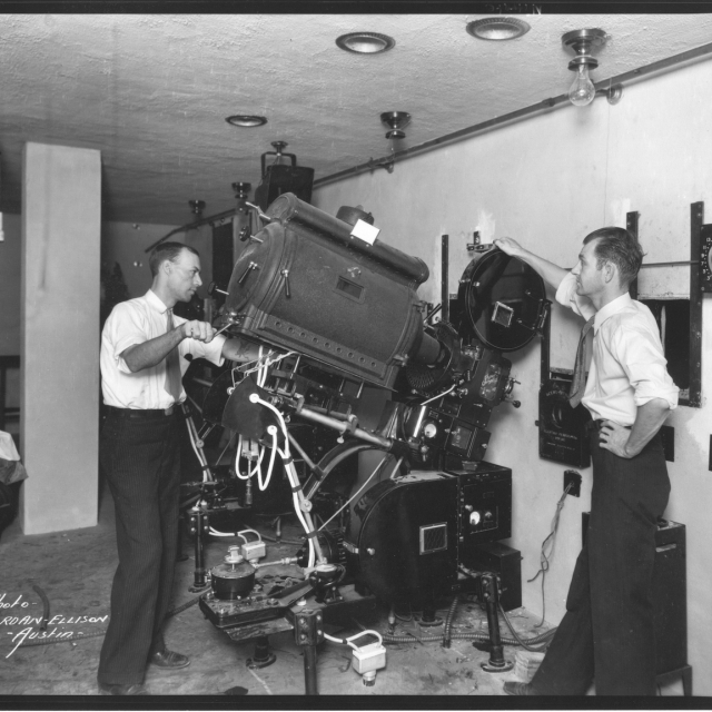 The projection booth at the Paramount Theatre during the 1930s