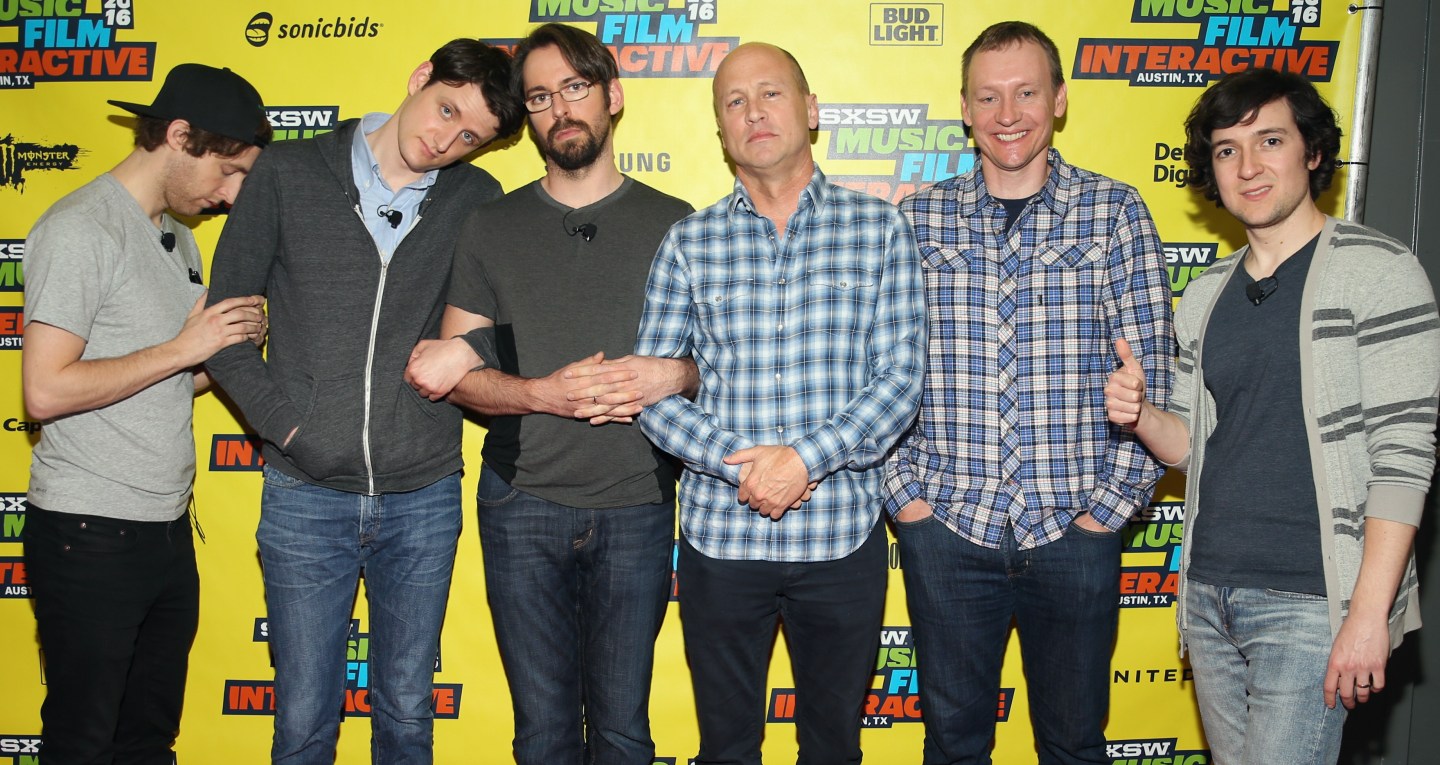 (L-R) Actors Thomas Middleditch, Zach Woods, Martin Starr, writer/director/producer Mike Judge, executive producer Alec Berg and actor Josh Brener attend 'SILICON VALLEY: Making the World a Better Place' during the 2016 SXSW Music, Film + Interactive Festival at Austin Convention Center on March 12, 2016 in Austin, Texas. (Photo by Steve Rogers Photography/Getty Images for SXSW)