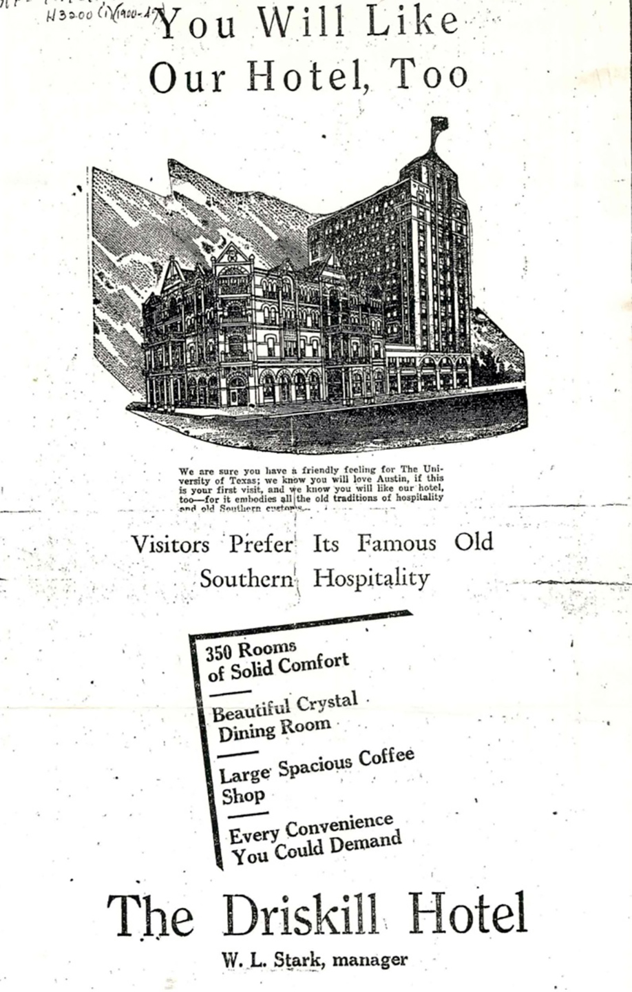 1930s advertisement for the Driskill Hotel in Austin, Texas