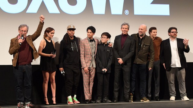 Director Steven Spielberg, actors Olivia Cook, Lena Waithe, Win Morisaki, Philip Zhao and Ben Mendelsohn, screenwriter Zak Penn, actor Tye Sheridan, and author and screenwriter Ernest Cline attend the 