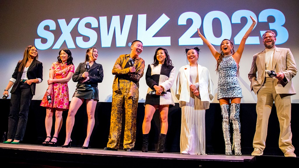 (L-R) Adele Lim, Cherry Chevapravatdumrong, Teresa Hsiao, Sabrina Wu, Stephanie Hsu, Sherry Cola, Ashley Park, Seth Rogen