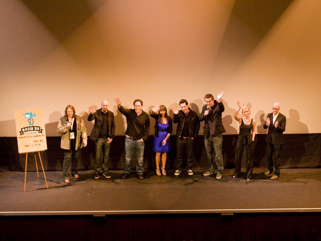 I Love You Man Premiere, 2009 SXSW, (l-r) Janet Pierson (SXSW), John Hamburg (Dir.), Jon Favreau, Rashida Jones, Paul Rudd, Jason Segel, Jaime Pressly, Donald DeLine (Prod.)