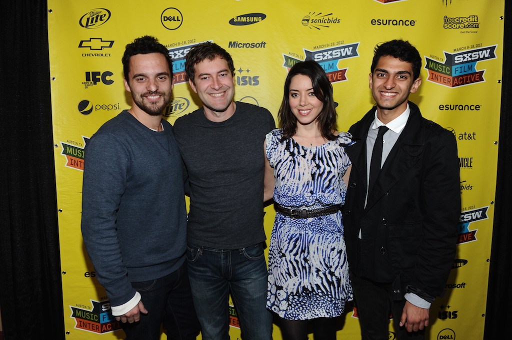 AUSTIN, TX - MARCH 10: (L-R) Actor Jake Johson, Actor Mark Duplass, Actress Aubrey Plaza and actor Karan Soni attend the screening of "Safety Not Guaranteed" during the 2012 SXSW Music, Film + Interactive Festival at Paramount Theatre on March 10, 2012 in Austin, Texas. (Photo by Michael Buckner/Getty Images for SXSW)